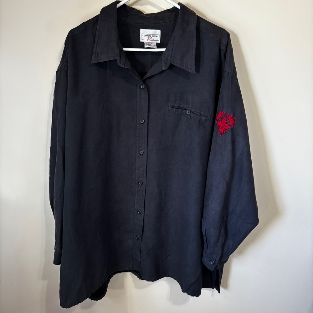 Vintage Cotton Ginny Plus Women’s Black Button Down Long-Sleeve Red Embroidery